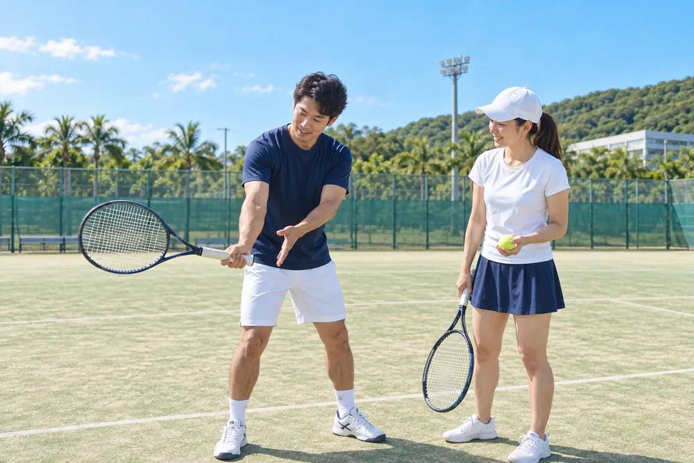 ラケットの持ち方を教わる様子