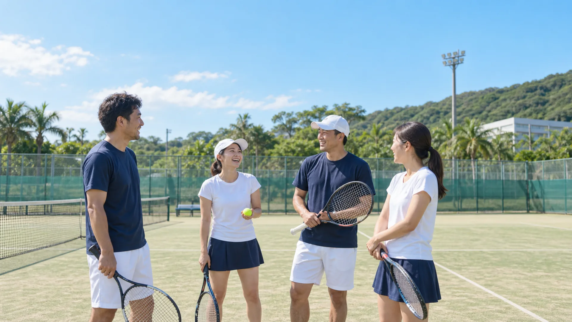 公共コートで試合の合間に話す参加者